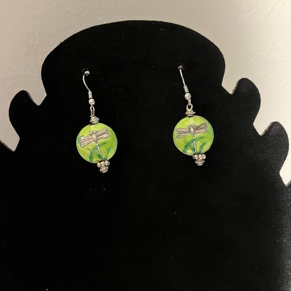 Jewelry - Silver Tone and Green Dragonfly Earrings